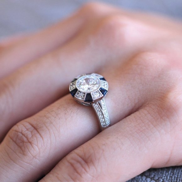 NEW 925 Silver Diamond Sapphire Art Deco Ring - Picture 4 of 5